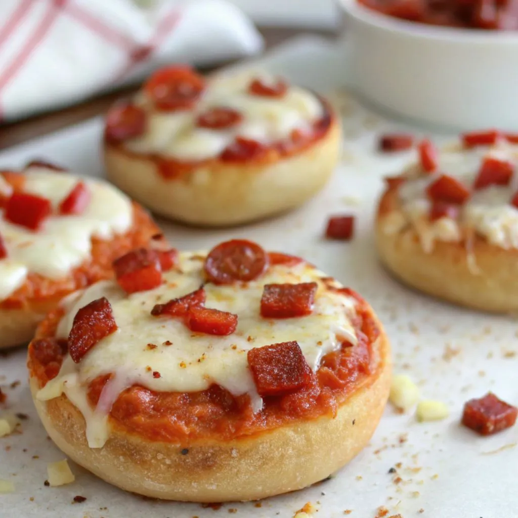 Homemade bagel bites with cheese and diced pepperoni