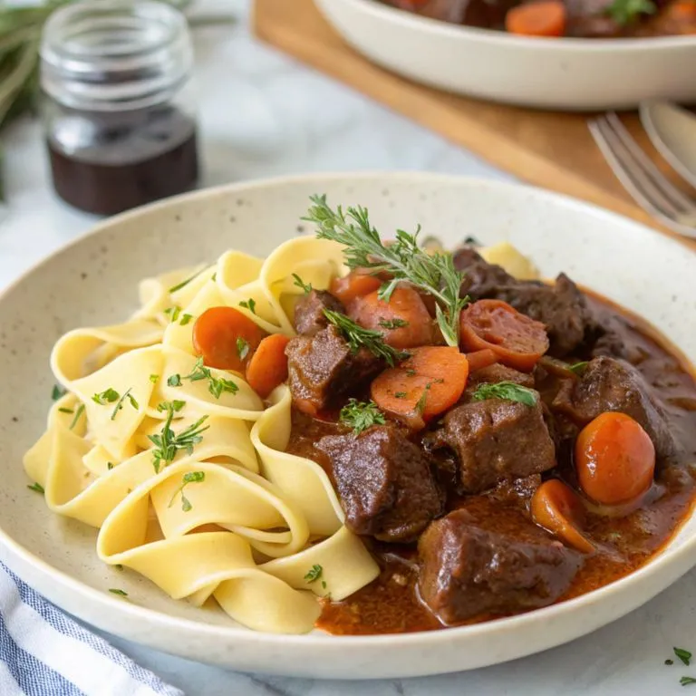 Serving a dish of cooking light beef daube with pasta