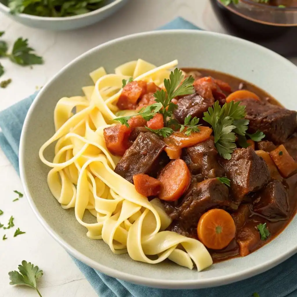 Cooking light beef daube dish ready to serve with vegetables