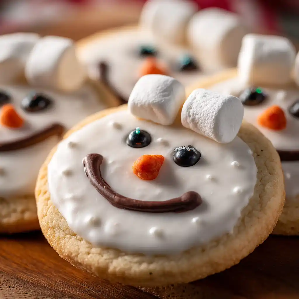 Melting Snowman Cookies decorated with marshmallows and icing