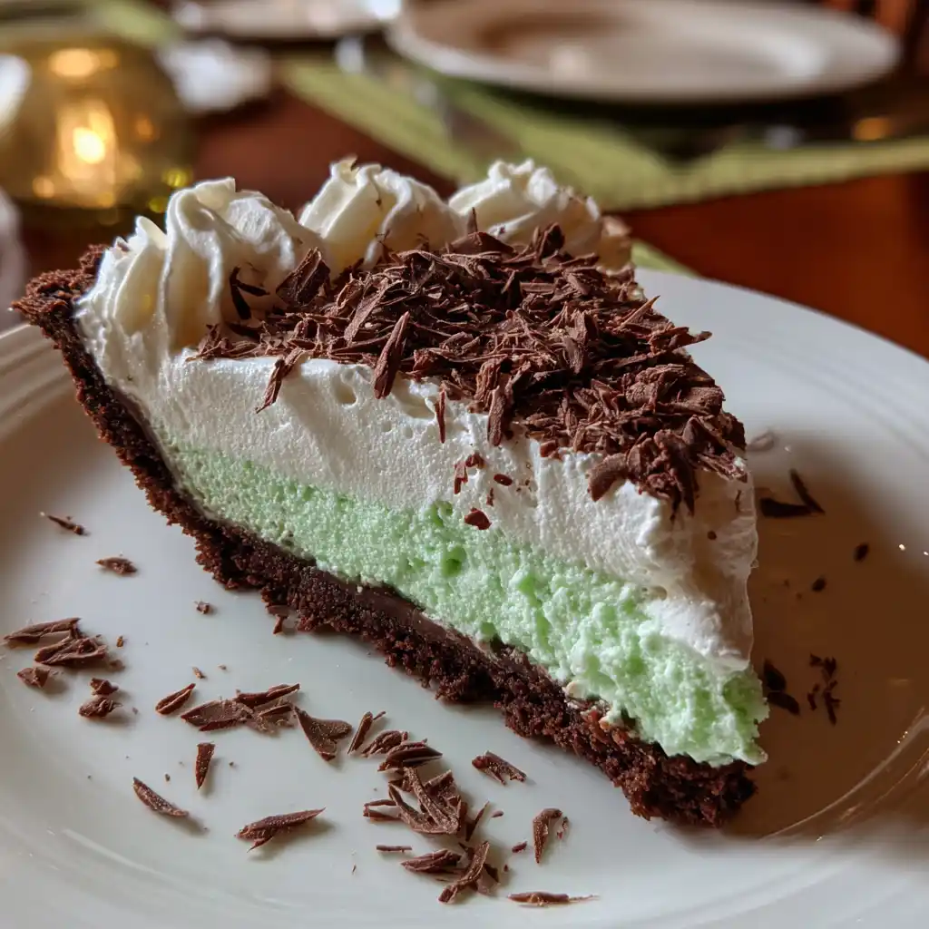 Slice of grasshopper pie on plate with whipped topping