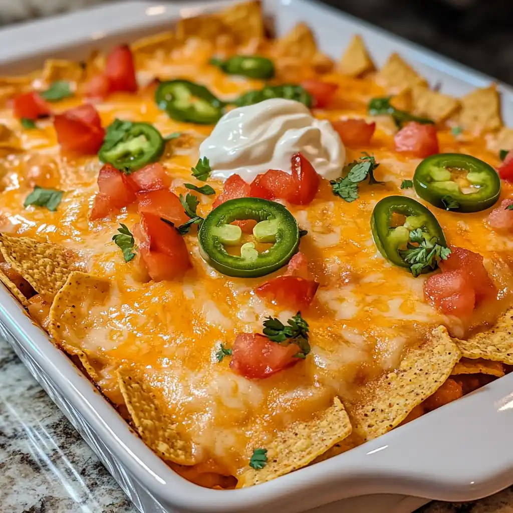 Tex-Mex Dorito Casserole fresh from the oven with melted cheese and Doritos